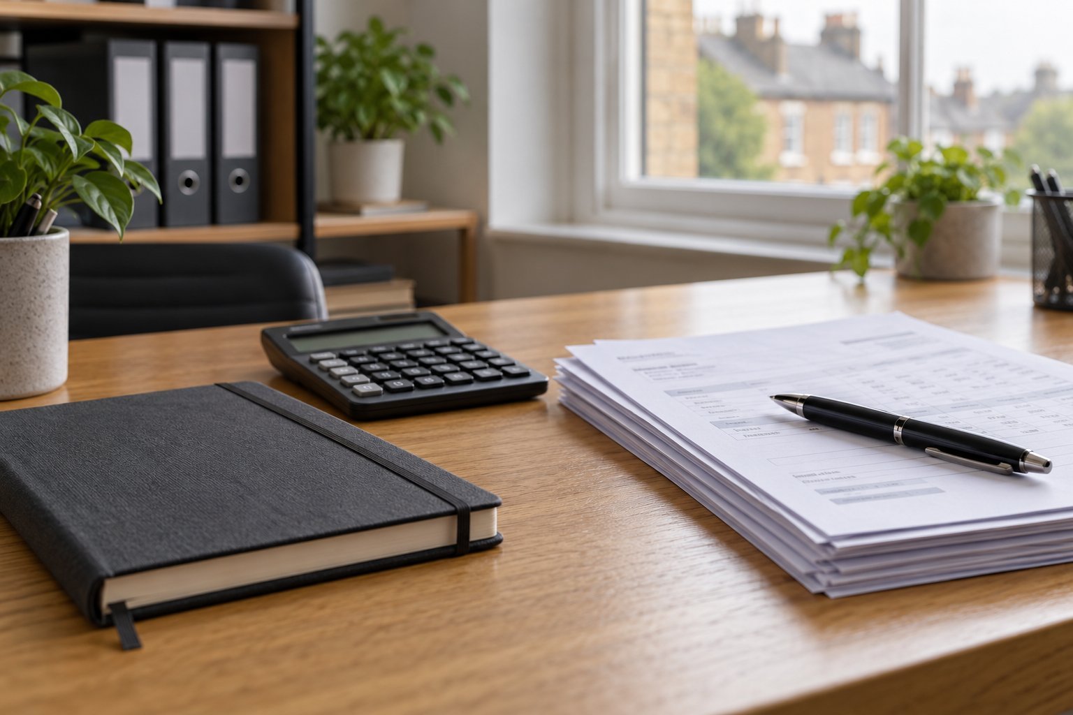 Company financial paperwork, notebook and calculator